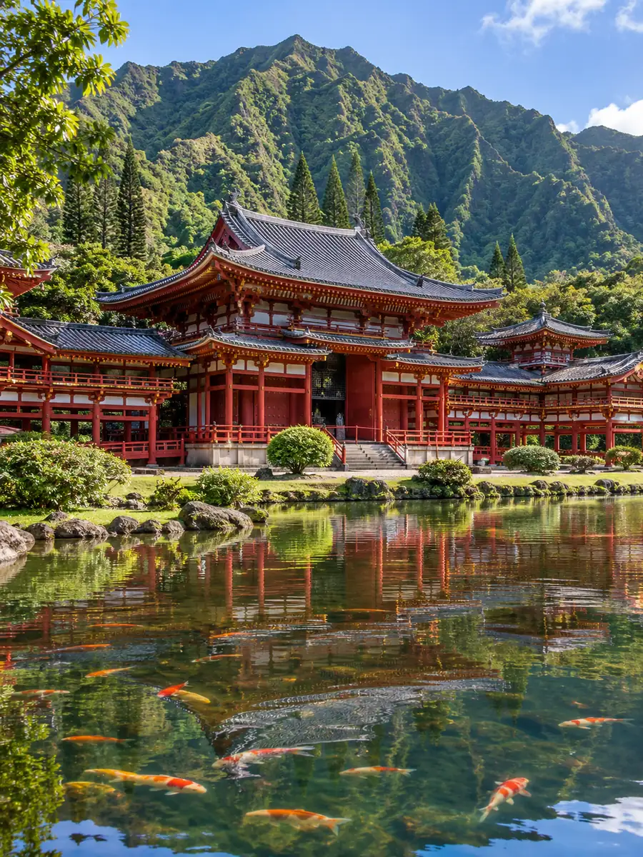 Der rote Byodo-In-Tempel spiegelt sich in seinem Teich unter den grünen Ko'olau-Klippen
