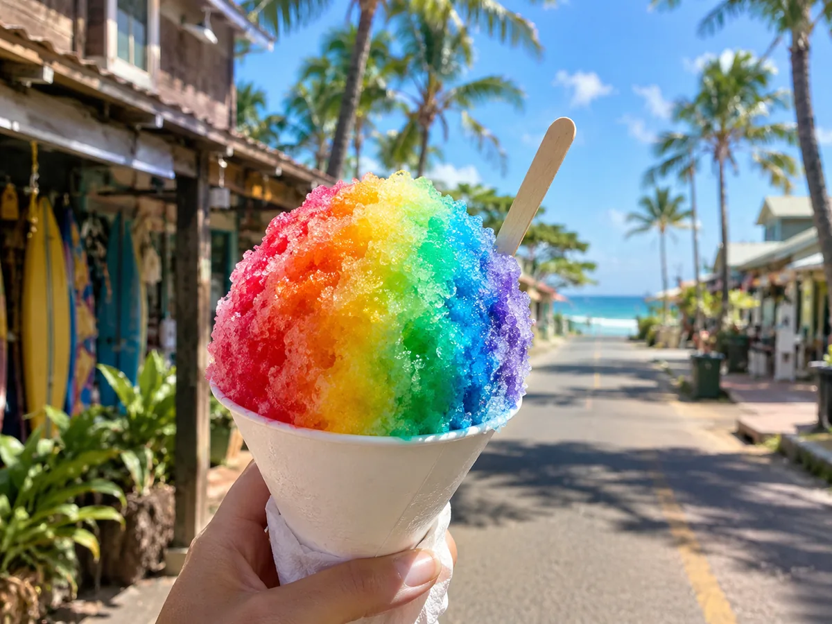 Un shave ice arcoíris en el antiguo pueblo surfero de Haleiwa, en North Shore de Oahu